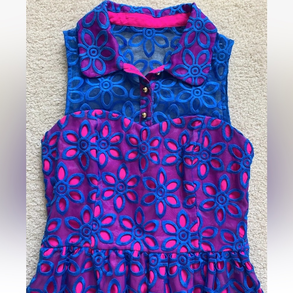 Lilly Pulitzer Pemberton Dress Sz 2 Royce Blue Daisy Floral Eyelet Retro Twee - Picture 8 of 14